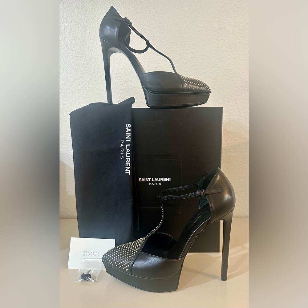 Saint Laurent Black Leather Studded T-Bar Janis Platform Pumps 37.5